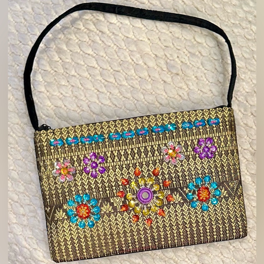 ✨RARE 100% Thai Silk Woven Pattern & Beaded Floral Clutch/Purse Made in Thailand